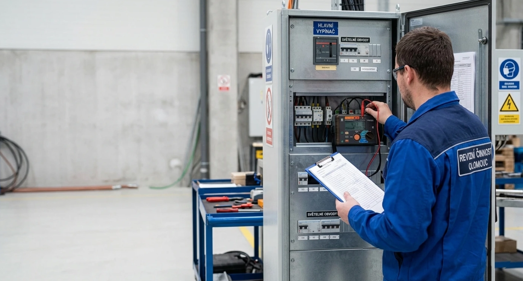 Revizní technik při měření v elektrickém rozváděči